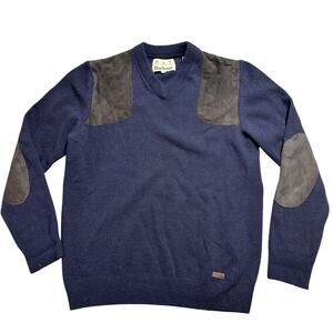 Barbour Navy Blue Wool V Neck Sweater Leather Shoulder Shooting Pads Mens Large